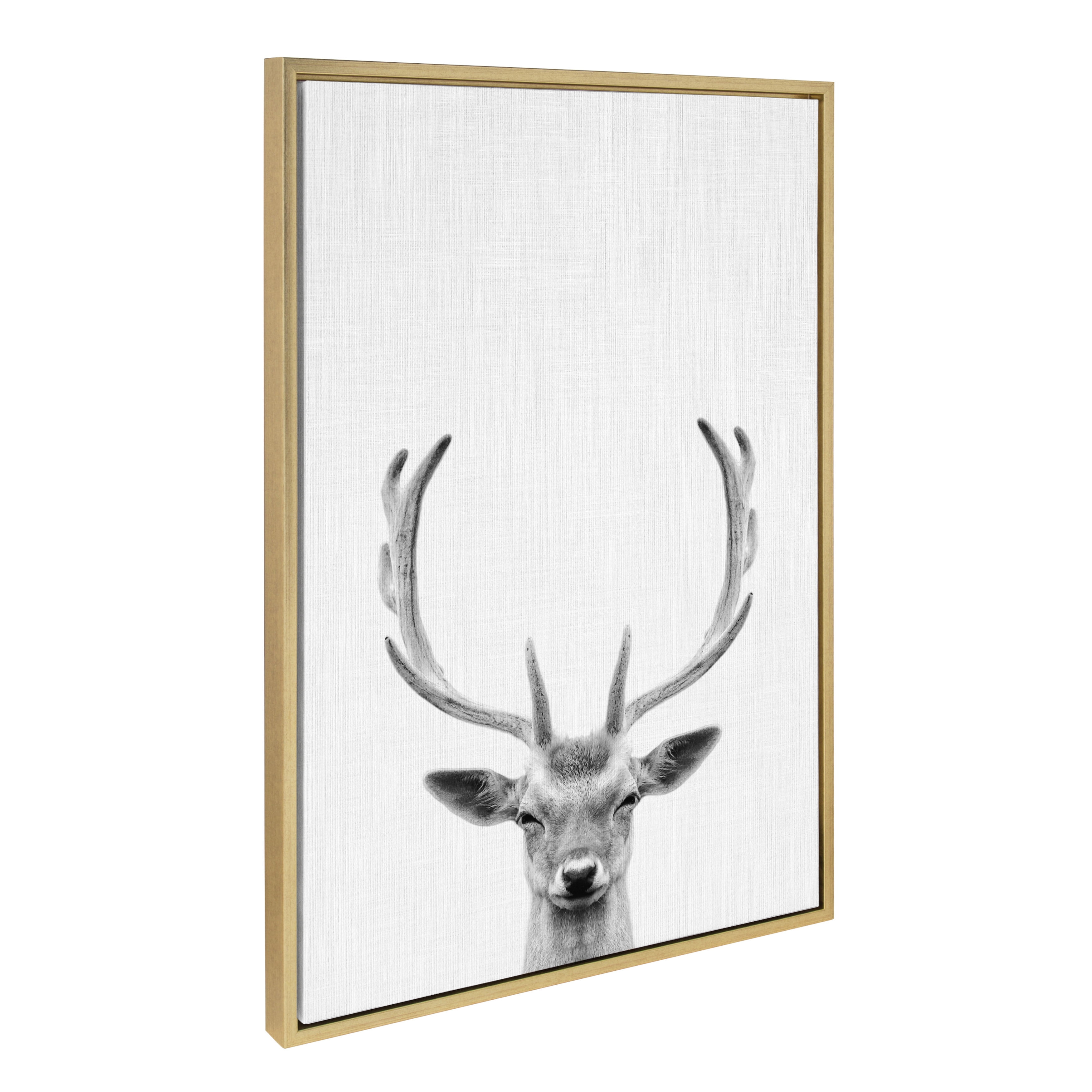 Kate and Laurel Sylvie Deer with Antlers Black and White Portrait Framed Canvas Wall Art by Simon Te Tai, 23x33 Gold