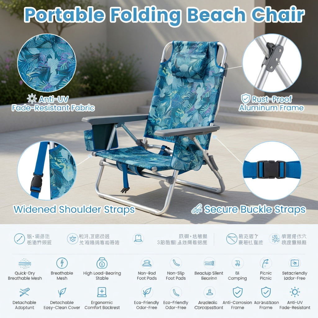 Hommoo 2-Pack Portable Beach Chairs with 5-Position Reclining Backrest, Padded Headrest & Insulated Cooler Bag, Peacock Blue