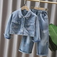 thumbnail image 2 of RUTAYY Children Girls Outfit Denim Sets Fall Lapel Buttons Printed Letters Coat Elastic Waist Trousers Stylish Outfit 2-Pack 3-13 Years Fashion Clothing, 2 of 9