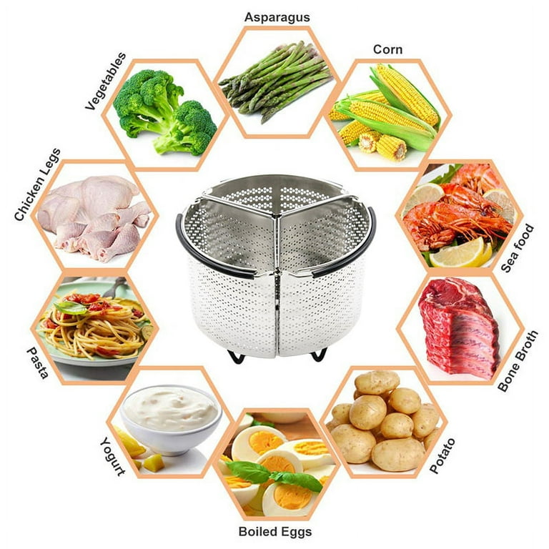 Vegetable Steamer Basket, Fits Instant Pot Pressure Cooker 5/6 QT and 8 QT,  18/8 Stainless Steel, Folding Steamer Insert for Veggie Seafood Cooking. ( Steamer with Retractable Handle) 