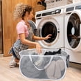 thumbnail image 2 of Toplive Pop Up Laundry Hamper Mesh Laundry Basket, Collapsible Popup Hamper Dirty Clothes Basket with 2 Compartments, Side Pocket, Carry Handles for Home, Dorm, Bathroom, Bedroom, Travel-White, 2 of 7