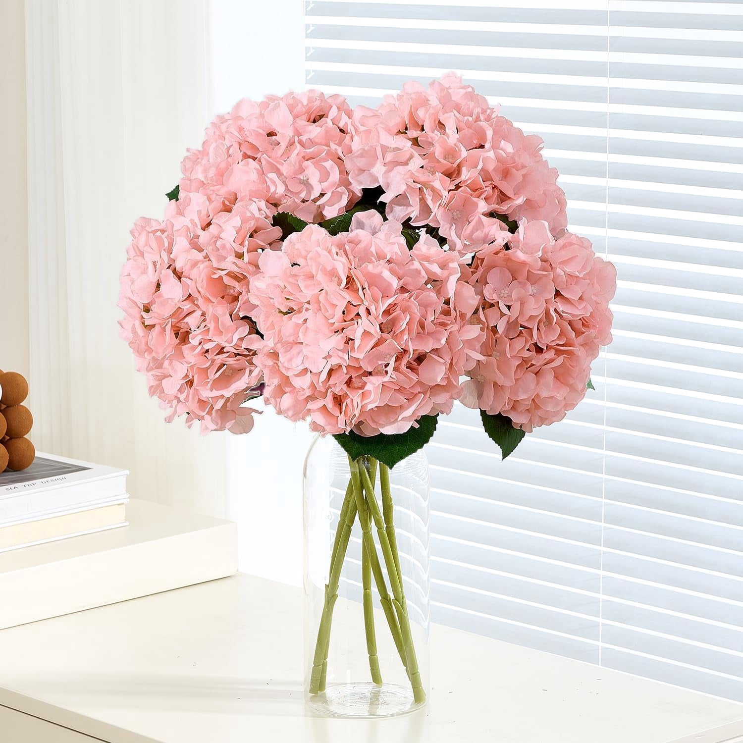 8Pcs Blush Fake Flowers Silk Hydrangea Artificial Flowers Bouquets Faux Hydrangea Stems for Home Table Centerpieces Wedding Party Decoration