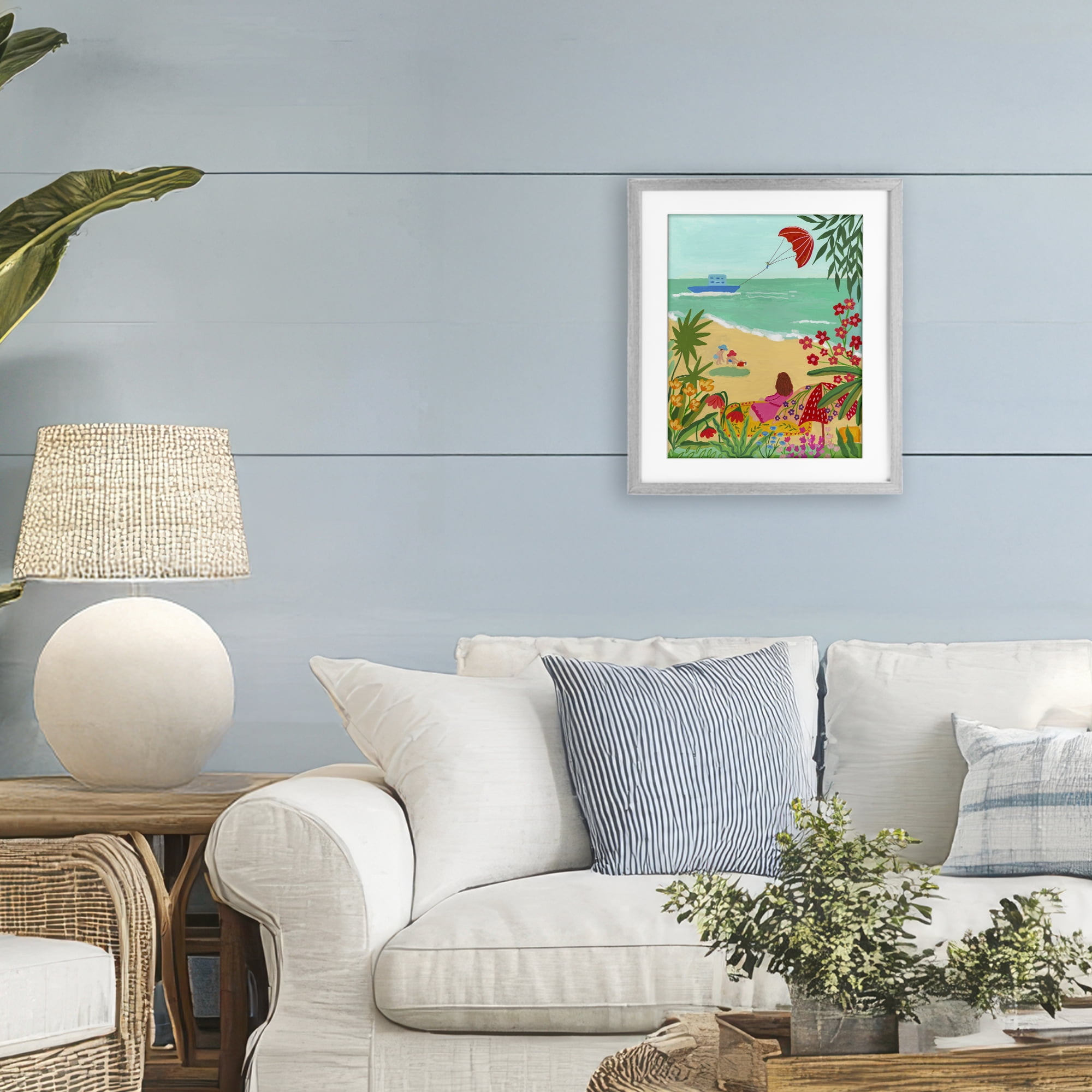 Beach And Flowers View Gray Framed Print Under Glass, design by Nabeela Rumi