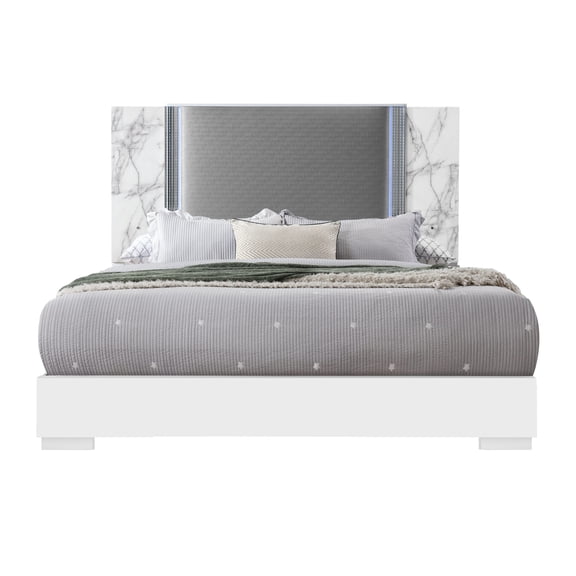 YLIME WHITE MARBLE KING BED FULLY SLATTED WITH LED