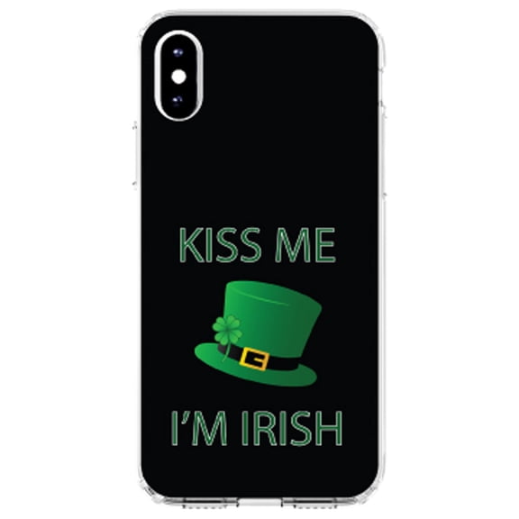 DistinctInk Clear Shockproof Hybrid Case for iPhone X / XS (5.8" Screen) - TPU Bumper, Acrylic Back, Tempered Glass Screen Protector - Black Green Kiss Me I'm Irish