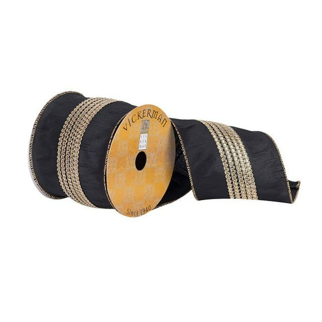 Vickerman Q181414 4 in. x 10 Yards Midnight Blue with Gold Center Ribbon