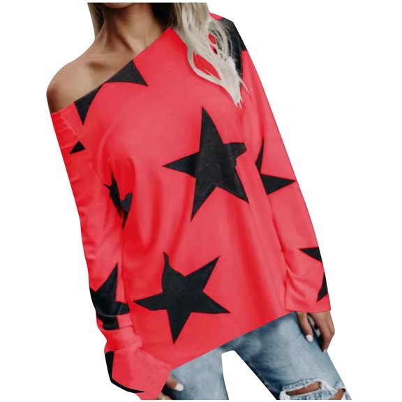 Womens Off Shoulder Sweatshirt Pullover Trendy Stars Printed Crew Neck Casual Long Sleeve Tops Fall Baggy Jumper (XL, Red)