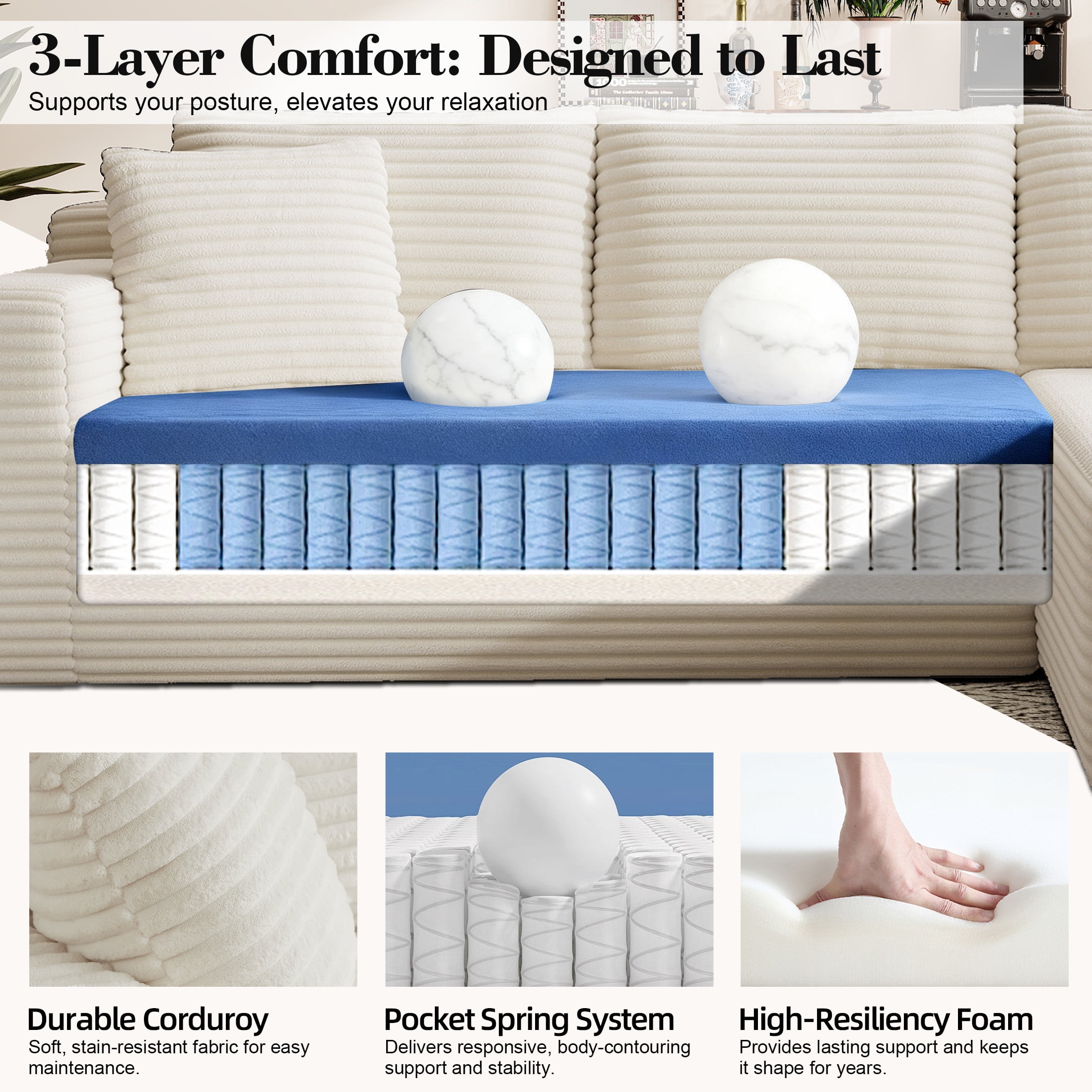AENKYO Modular Sectional Couch with L-Shape Chaise — Modern Living Room Sofa, White, Right-Facing, No Assembly