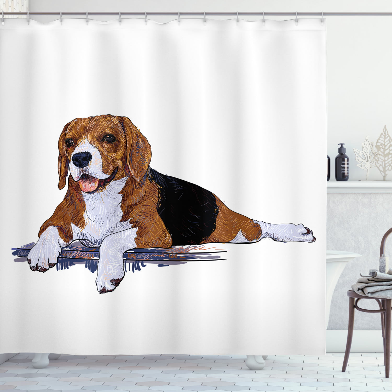 Dog Two Beagles Love Each Other Bathroom Shower Curtain Set Fabric 12 Hook 71"