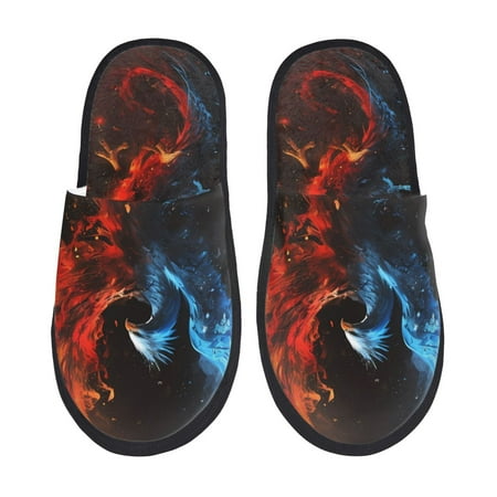 Balery Red And Blue Fire Bird Slient Indoor Furry Fleece Comfort House Shoes Soft Non-Slip Home Shoes Cotton slippers House Slippers-- Large
