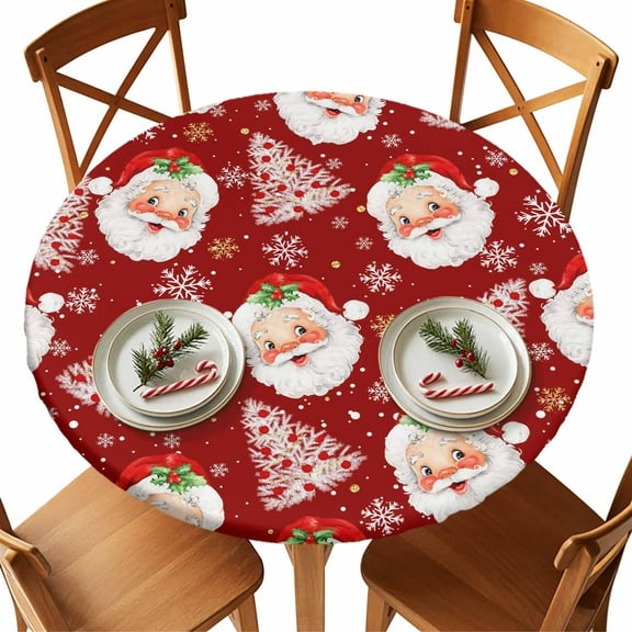 Round Tablecloth Red Santa Claus Christmas Elastic Edge Fitted Xmas Tree Balls White Snowflake Plastic Table Cover,Waterproof Oil Proof for Dinner,Outdoor, Picnic, 55"- 60" DIA Tables