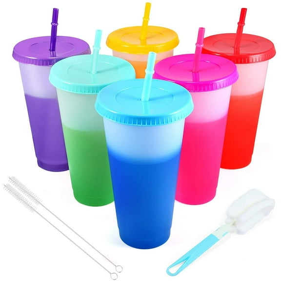 GIXUSIL Colour Changing Cups - 6 PCS Reusable Tumblers with Lids & Straws BPA Free Colored Tumbler Party Bulk Iced Water Coffee Travel Mug - 24oz Plastic Cold Drink Cup for Kids Adults