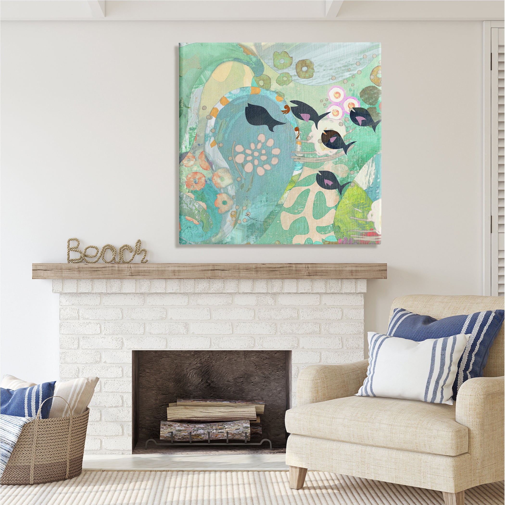 Stupell Industries Green Patterned Fish Collage Animals & Insects Painting Gallery Wrapped Canvas Print Wall Art, 36 x 36