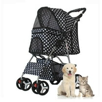 LUVCMFT 4-Wheeled Foldable Pet Stroller for Dog & Cat with Storage Basket and Cup Holder, Black White