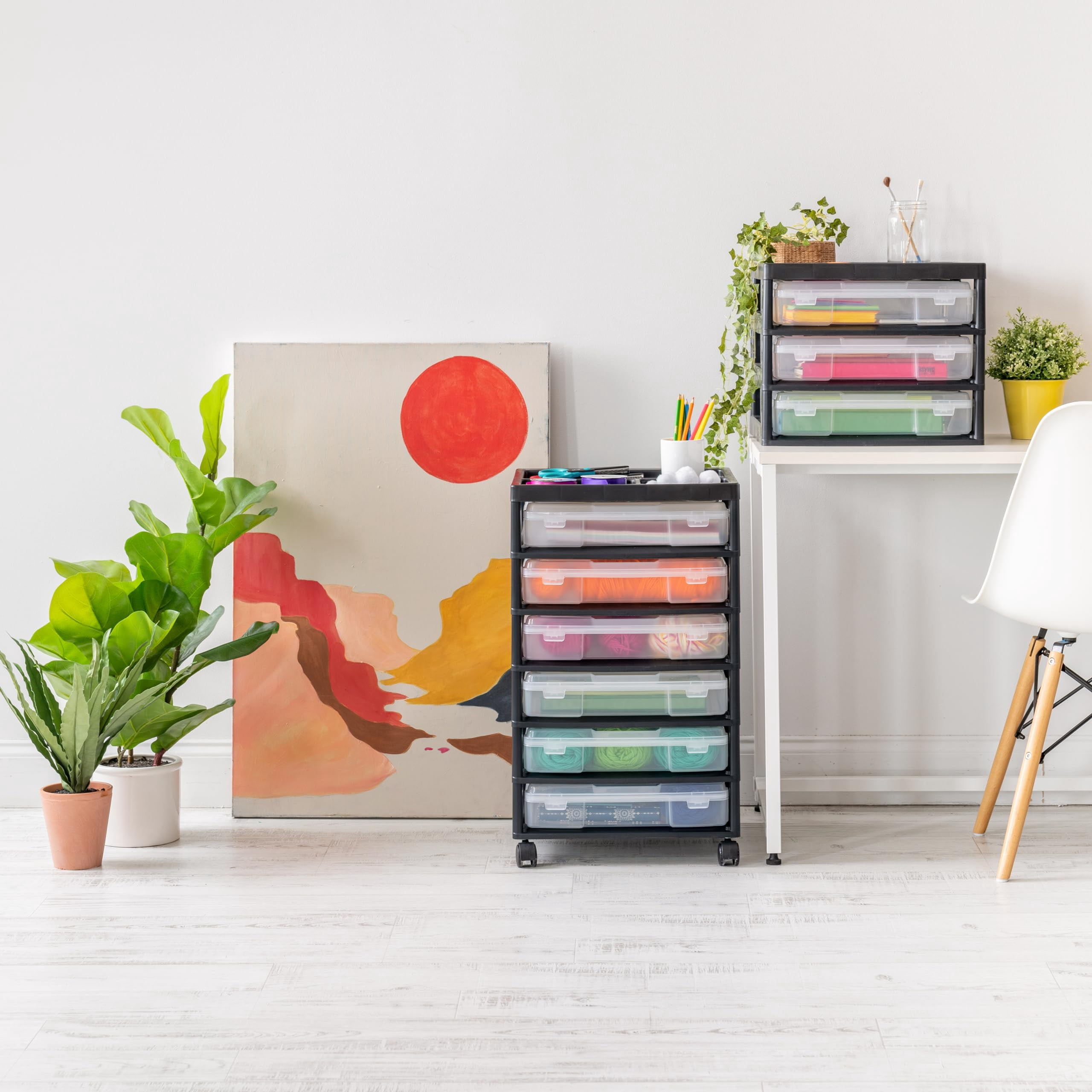 Fits 12" X Paper  6-tier Scrapbook Rolling Storage Cart With Organizer For Stationery Vinyl Tools Office Art And Craft Supplies Yarn 6 Clear Cases W/built In Handle - Black/clear