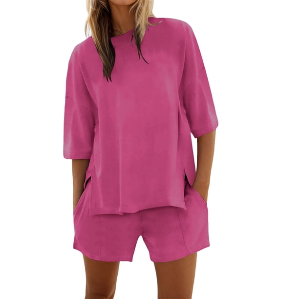 Conjunto de pantalones cortos y camiseta de manga media para mujer: conjunto de dos piezas oversize con cuello redondo para entrenar en verano