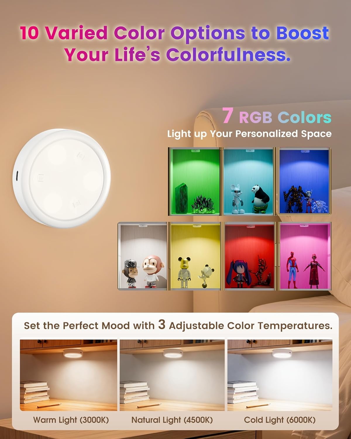 RGHJAR-Puck Lights with Remote, 2000mAh Battery Operated Rechargeable Under Cabinet Lighting, 3 Color Temps & 7 RGB Colors, Magnetic Closet Light, White Wireless Puck Light for Kitchen, Shelf