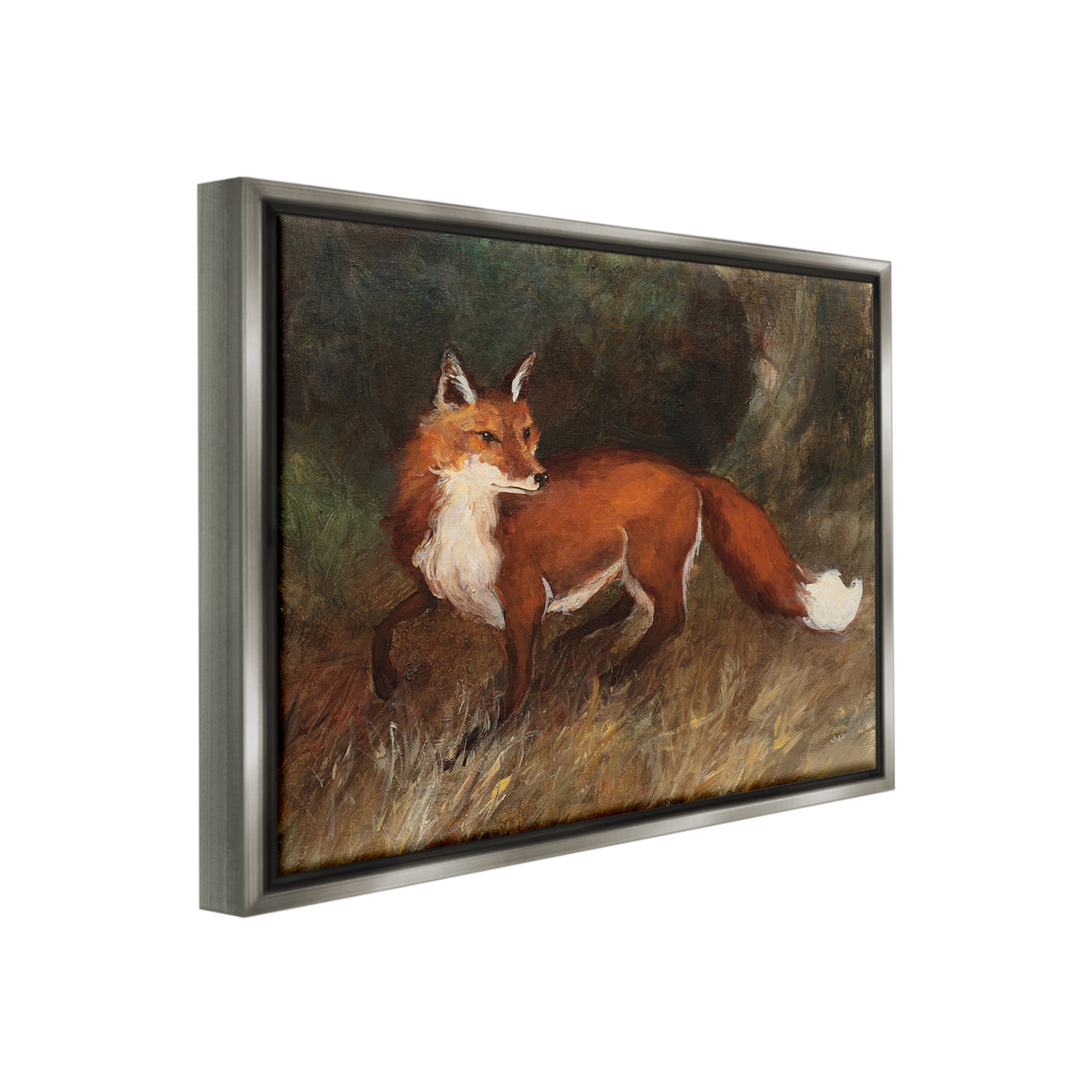 Stupell Industries Wild Fox in Forest Animals & Insects Painting Gray Floater Framed Canvas Art Print Wall Art, 21 x 17