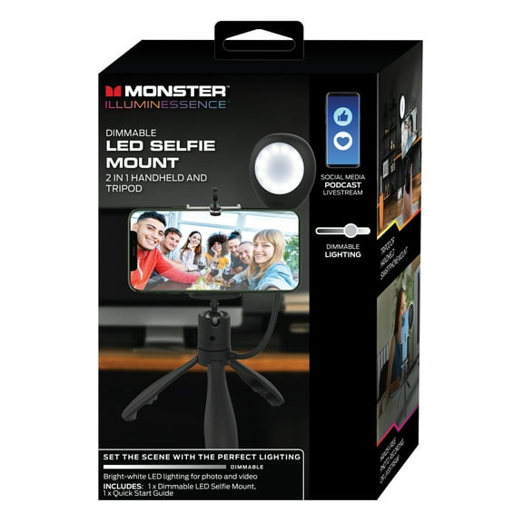 Monster 2-in-1 Dimmable Selfie Light Mount, Handheld or Fixed Tripod, 3 White Settings