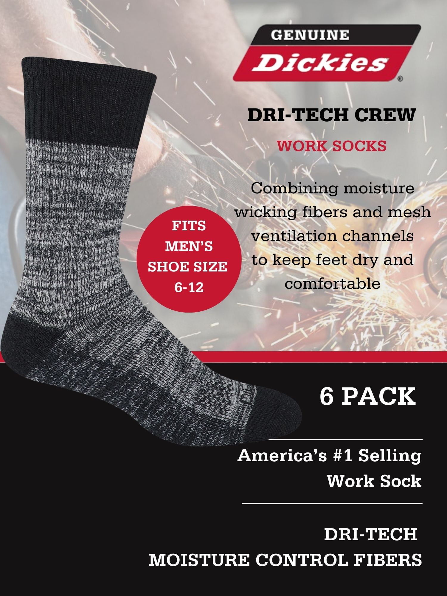 Genuine Dickies Men's Dri-Tech Crew Socks, 6-Pack, Sizes 6-15