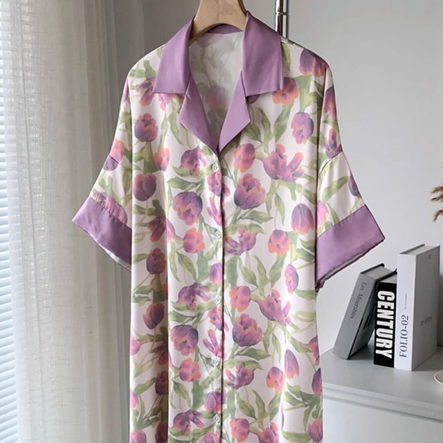 Camisones románticos de satén de seda sintética para mujer, camisón estampado, camisa, falda para dormir, pijama de verano, novedad de 2024