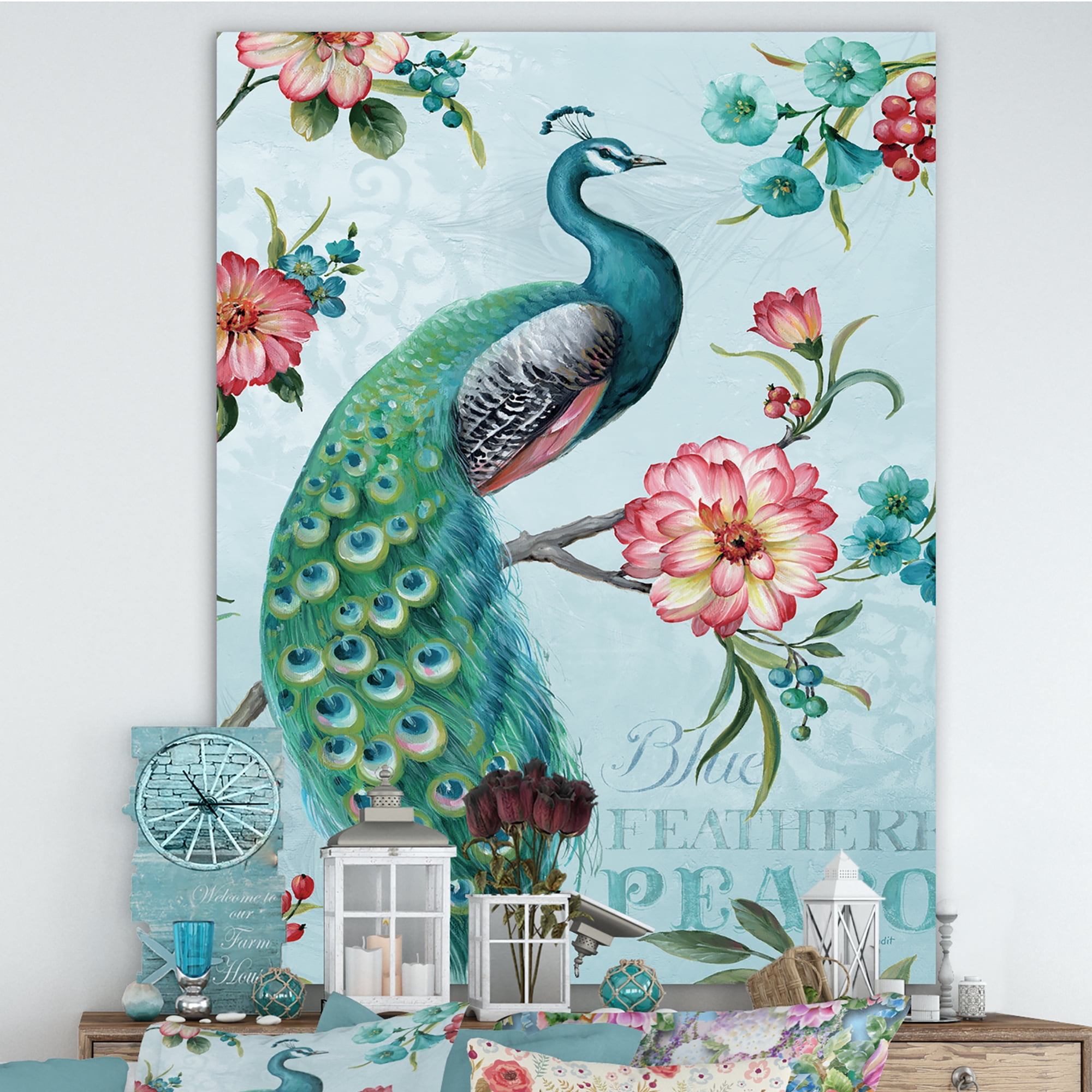 Designart 'Handpainted Peacock ' Floral and botanical Canvas Artwork