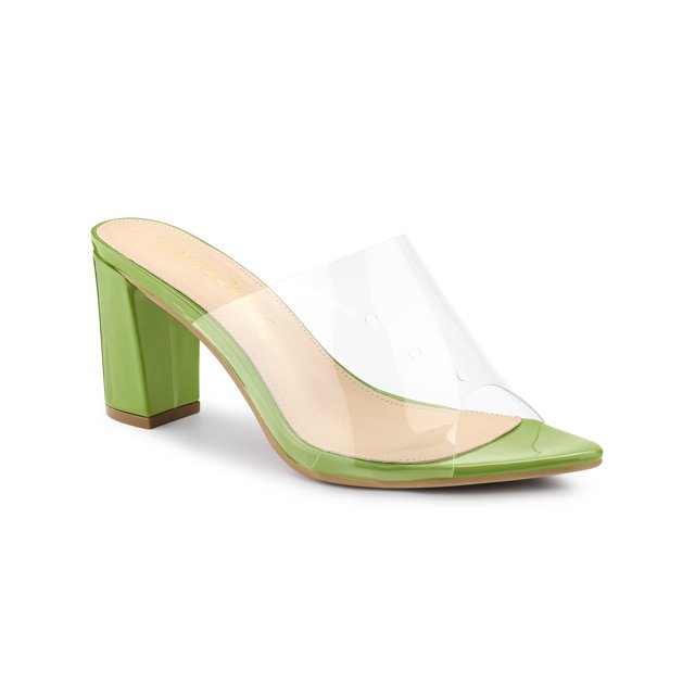 BLISSFUL STEP Women's Clear Point Toe High Block Heel Mules Slides Sandals Light Green 7