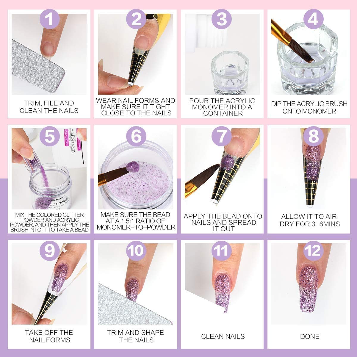 Morovan Acrylic Nail Kit Liquid Monomer Set - Glitter Powder and Carving Powder Set Complete Practice Hand Nail Kits