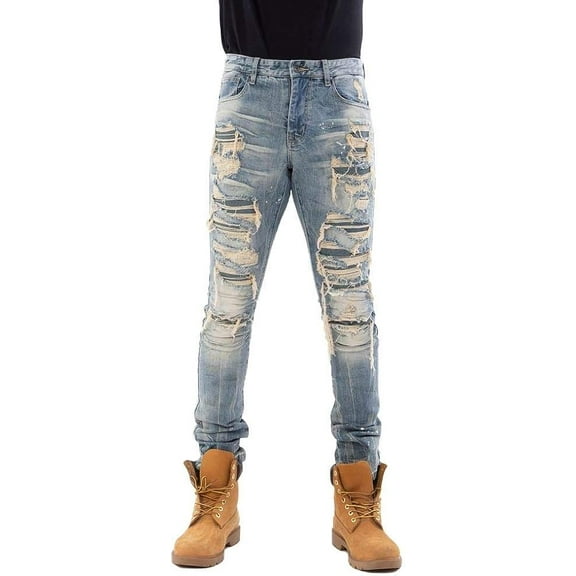 Smoke Rise Men's Supper Stretch Slim Fit Tapered Jean with Rip and Repair 40Wx32L