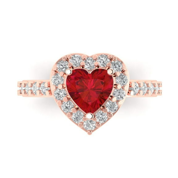 2.03 ct Heart Cut Simulated Ruby with Simulated Diamond Halo Accents 14K Rose Gold Womens Engagement Ring