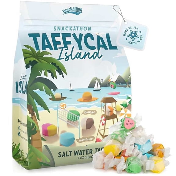 Snackathon Salt Water Taffy Assorted Mix – Taffycal Island Edition, 10-Flavor Tropical Variety, Individually Wrapped Soft Chewy Gourmet Candy, Unique 7 oz Themed Bag for Gifting