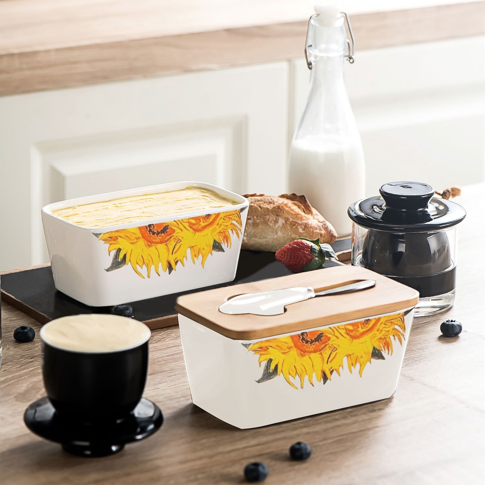 HOZVOMI Ceramic Butters Storage Box - Nordic Style Ceramic Jar with Lid and Cutting Tools, Perfect for Cheese and Butters Storage