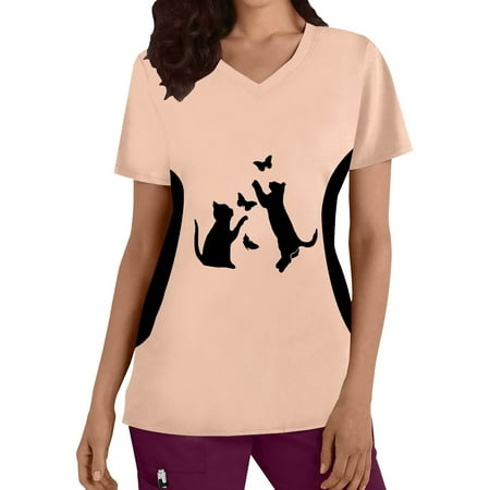 

Women Scrub Tops Plus Size Top V-Neck Short Sleeve Holiday Classic Working Uniform Nurses Clothing Cartoon Cats Printed T Shirt Blouse Leisure Dailywear