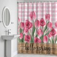 thumbnail image 5 of Pink Tulip Flower Shower Curtain for Bathroom Decor, Hello Spring Floral Buffalo Plaid Wood Waterproof Fabric Shower Curtain, 60"x72" Set with 12 Hooks, 5 of 9