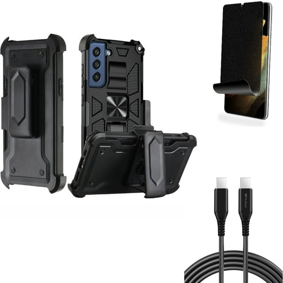 6ft Long USB-C Cable & Privacy Screen Protector & Case Belt Clip for Samsung Galaxy S22 Plus (S22 ) - Combo PD Fast Charger Cord Power Wire & TPU Film (Fingerprint Works) Anti-Peep & Holster Swivel
