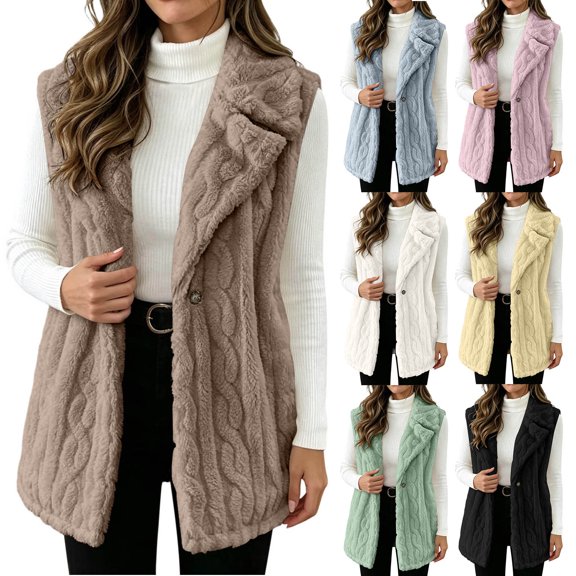 MaFYtyTPR Women's Mid Lengrh Fleece Vest Jacket Textured Lapel Collar Single Button Winter Sleeveless Coat 01-Beige L