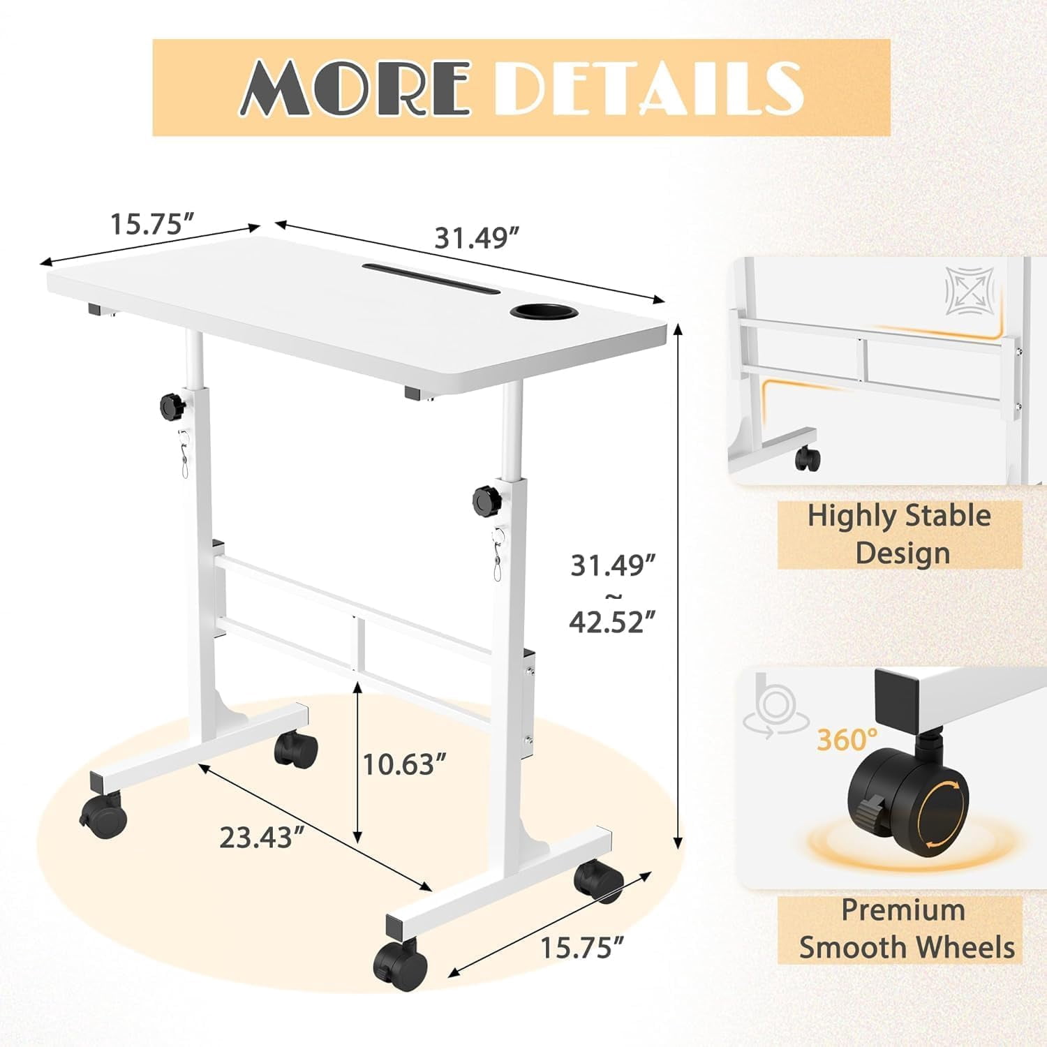 MONGJI Small Portable Standing Desk Adjustable Height, Mobile Stand Laptop Computer Workstation with Lockable Wheels for Walking Pad Treadmill (White)
