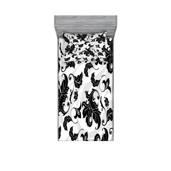 Ambesonne Floral Fitted Sheet & Pillow Sham Set, Abstract Leaf Ivy Swirl, Twin, Pale Grey White