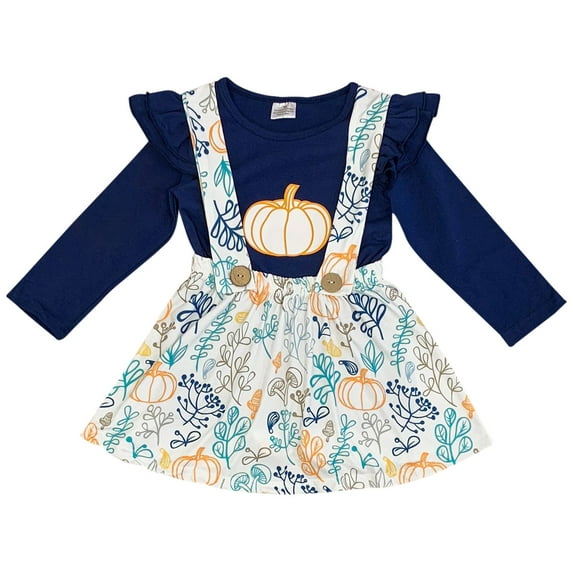 Toddler Girls 2 Pieces Skirt Set Ruffle T-shirt Top Pumpkin Suspender Skirt Set Navy 2T XS (P202003P)