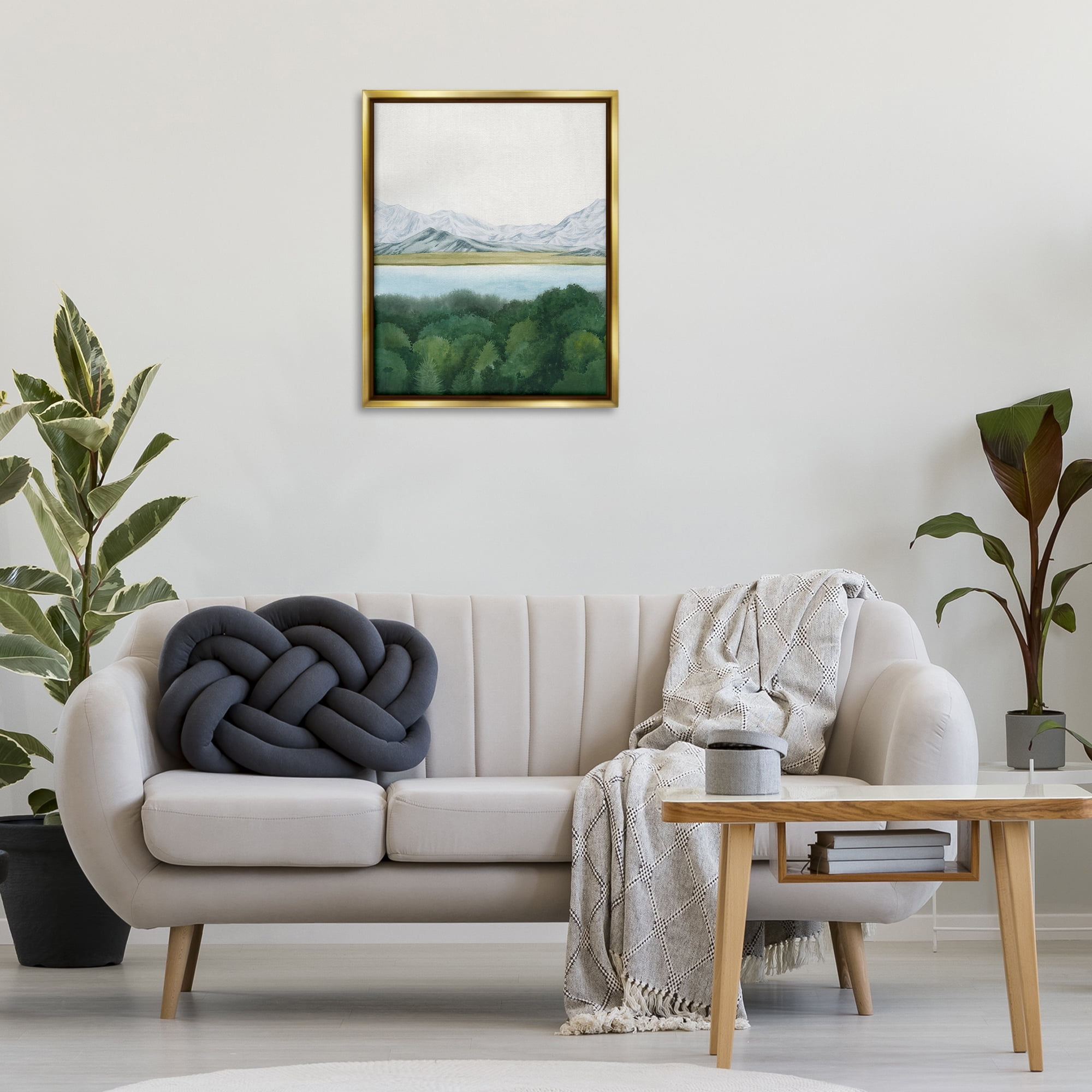 Stupell Industries Mountains Beyond Forest Landscape & Nature Painting Gold Floater Framed Canvas Art Print Wall Art, 25 x 31