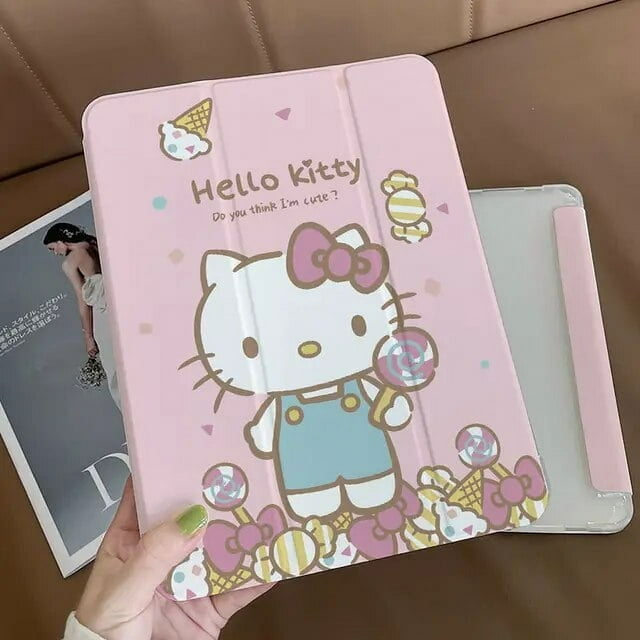 Kawaii Sanrio Hello Kitty Ipad Protective 2021 Anti-fall Three-Fold Cute Cartoon Protective Case Plus Pen Slot Toy Gift for Girl