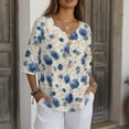 thumbnail image 3 of Xoenoiee Blue Hydrangea Flower Print 3/4 Sleeve Cotton Linen Shirts for Women Summer Retro Boho Tops Button Down Loose Casual Blouses Dressy Loose Fit, Size XL, 3 of 7