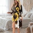 thumbnail image 5 of Yuyamidu Cow Print Bathrobe Sleepwear for Women Lightweight Robe Long Dressing Gown Plus Size L Sunflower V-Neck Nightgown Brown Mid-Calf Length Robe for Sleeping, 5 of 7