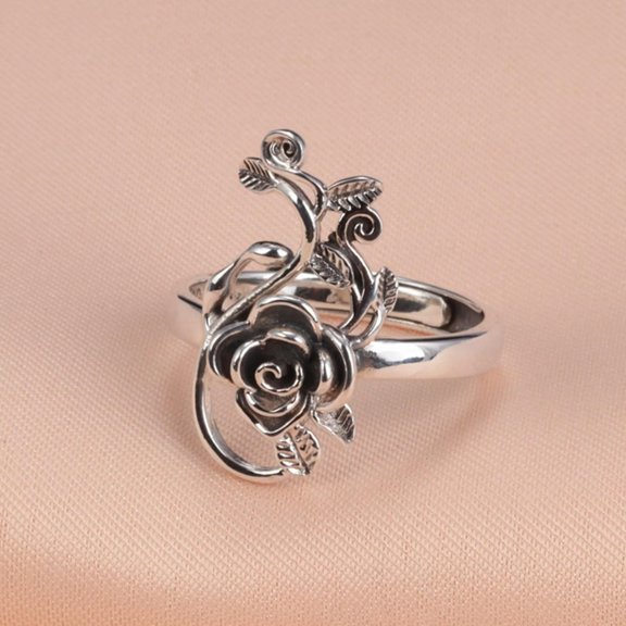 K-KED Real S925 Sterling Silver Band Men Women Lucky Peony Flower Leaf Adjust Ring