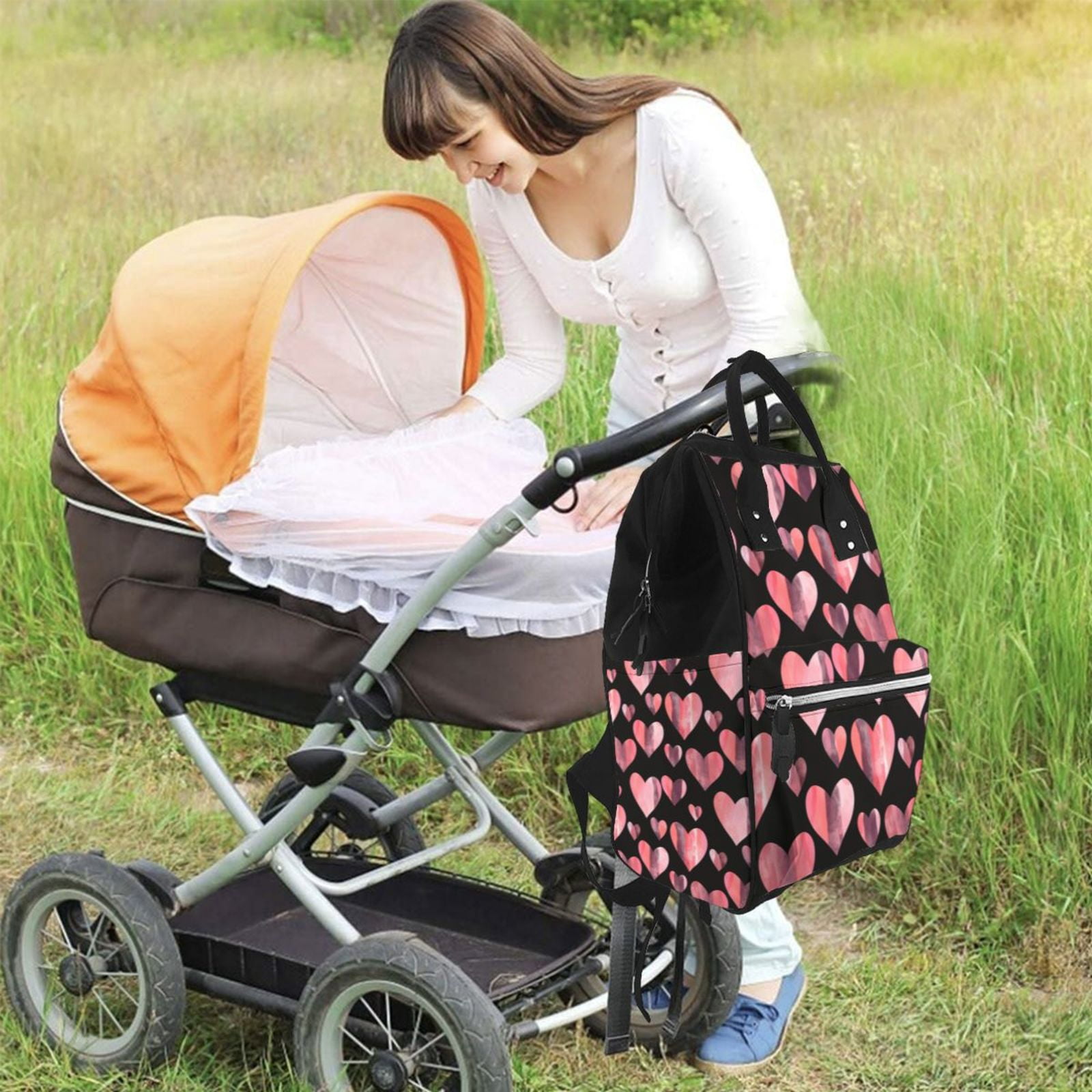 Ratiio Hearts Mummy Backpack - Waterproof Twill Canvas, Large Capacity Diaper Bag with Multiple Pockets and Adjustable Straps