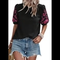 thumbnail image 1 of Blusas Texturizadas con Bordado Floral para Mujer, Cuello Redondo, Corta Abullonada, Informales, Holgadas, Lisas, Bordadas, Negras, Talla L, 1 of 9