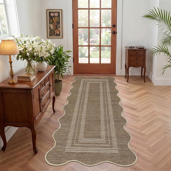 2x6 Runner Rug Washable Non Slip Kitchen Rug Scalloped Jute Look Indoor Outdoor Brown