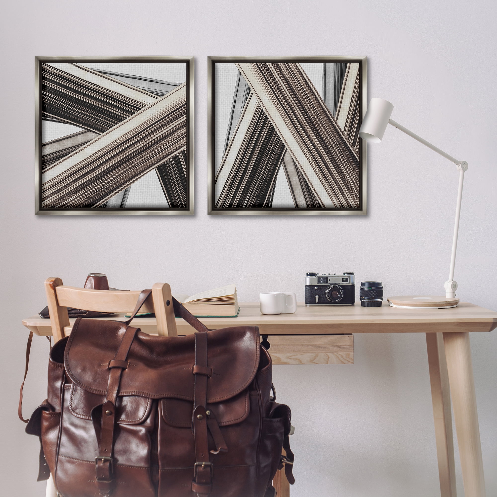 Stupell Industries Industrial Linear Crisscross Abstract Painting Gray Floater Framed Canvas Art Print Wall Art, 25 x 25, Set of 2