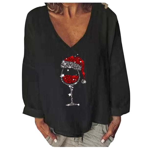 Pntutb Mujer Moda Casual Cuello En V Manga Larga Cómodo Estampado Navideño Sudadera tops Blusa Pntutb Pntutb-25