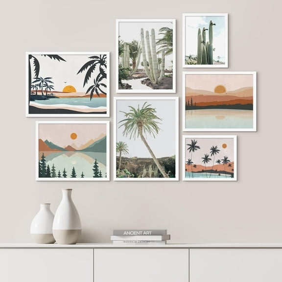 PixonSign Framed Canvas Print Wall Art Set - Pastel Ocean Sunshine Sunset Landscape Poster Art - Geometric Print Gallery Set of 7 Abstract Illustrations Digital Art Wall Décor for Home - White